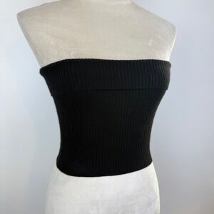 Sky to Moon Black Ribbed Knit Fold Over Tube Top Strapless Cropped Size Small